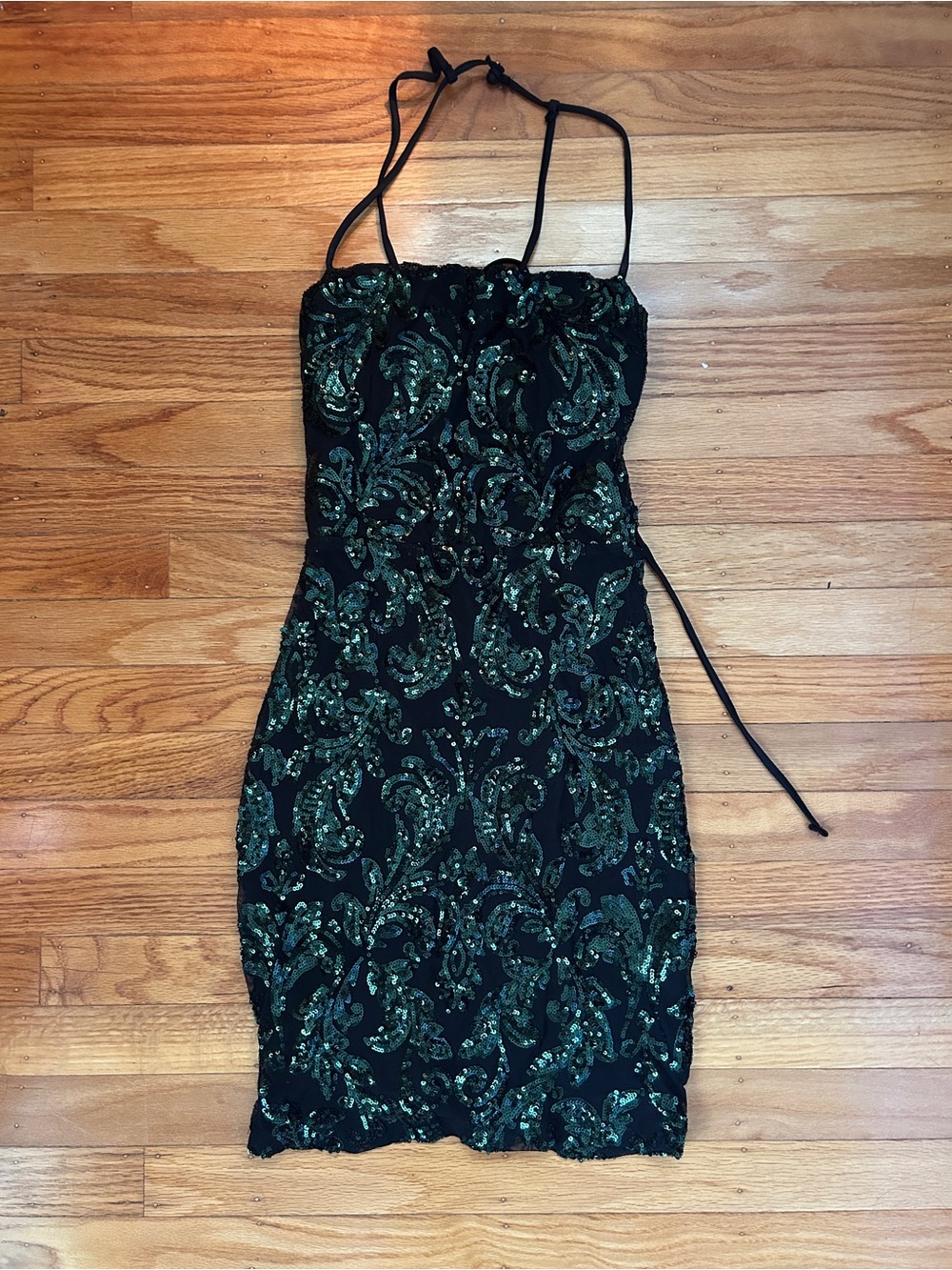 Black & Emerald Sequin Spaghetti Strap Open Back Bodycon Dress